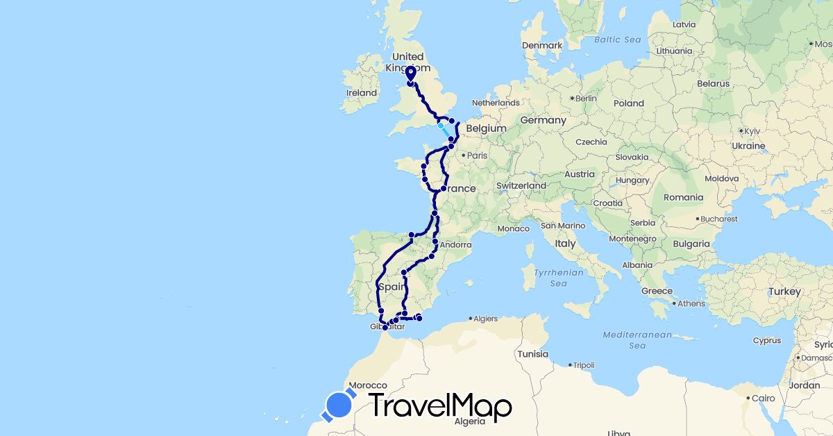 TravelMap itinerary: driving, boat in Spain, France, United Kingdom (Europe)